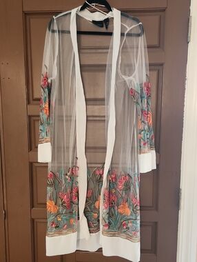 Sheer White Embroidered Long Cardigan with Floral Accents